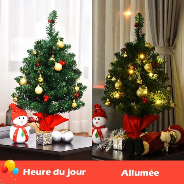 Mini Sapin de Noël Artificiel de Table H60CM 15 Lumières LED avec 73 Branches en PVC Ornements Dorés Baies Rouges à Piles
