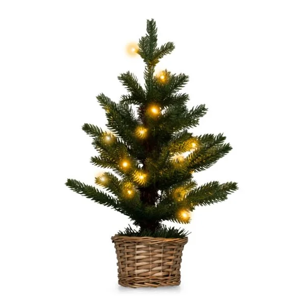 Mini Sapin de Noël Artificiel Pré-Éclairé 96 Branches 20 Lumières Led Minuterie Pot en Bois de Saule