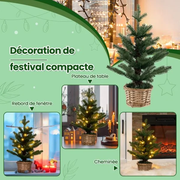 Mini Sapin de Noël Artificiel Pré-Éclairé 96 Branches 20 Lumières Led Minuterie Pot en Bois de Saule