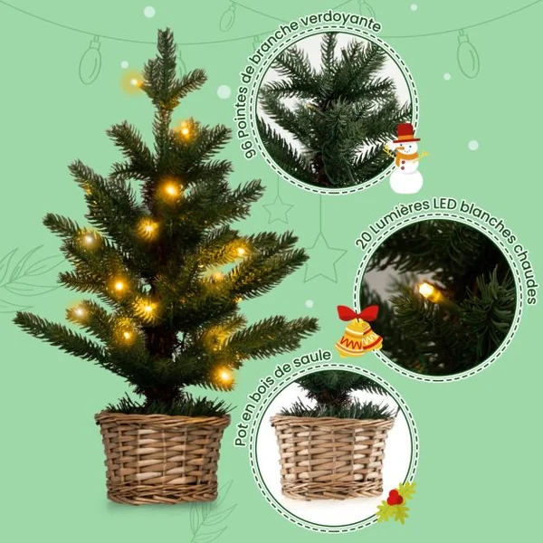 Mini Sapin de Noël Artificiel Pré-Éclairé 96 Branches 20 Lumières Led Minuterie Pot en Bois de Saule