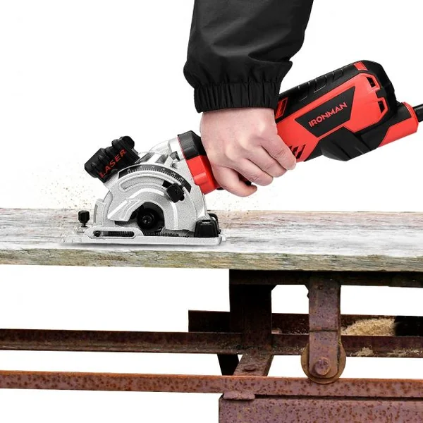 Mini Scie Circulaire Laser à Main Plongeante 705W 3 Lames de 89 mm Poignée Ergonomique Découpe 28,5mm Rouge et Noir