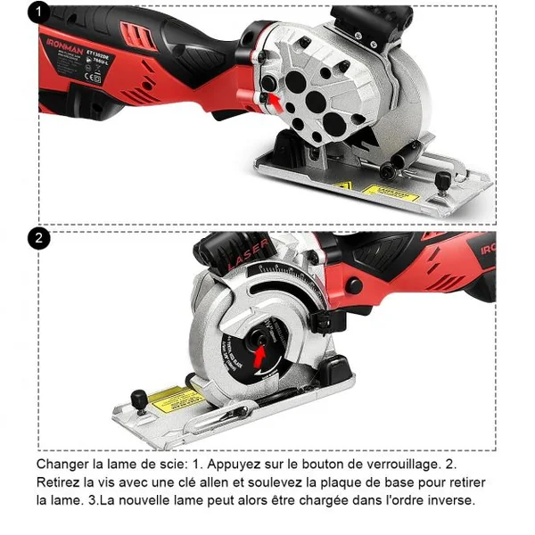 Mini Scie Circulaire Laser à Main Plongeante 705W 3 Lames de 89 mm Poignée Ergonomique Découpe 28,5mm Rouge et Noir