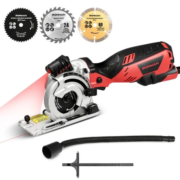 Mini Scie Circulaire Laser à Main Plongeante 705W 3 Lames de 89 mm Poignée Ergonomique Découpe 28,5mm Rouge et Noir