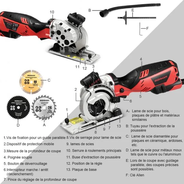 Mini Scie Circulaire Laser à Main Plongeante 705W 3 Lames de 89 mm Poignée Ergonomique Découpe 28,5mm Rouge et Noir