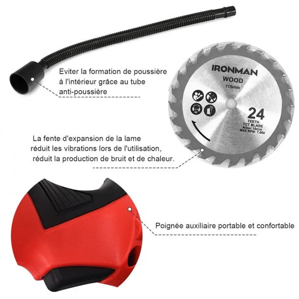 Mini Scie Circulaire à Main Plongeante 705 W avec Lames de 115 mm Découpe 28,5mm à 45° Poignée Ergonomique Rouge