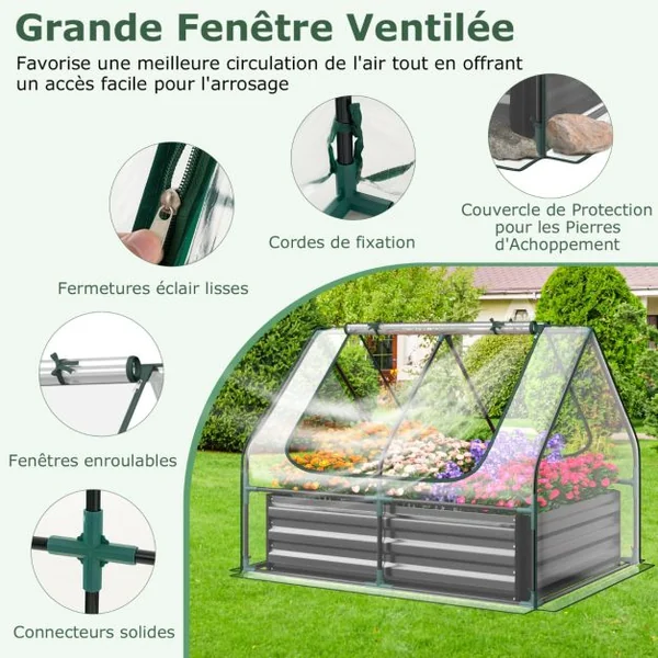 Mini Serre de Jardin et Lit de Jardin Surélevé 129 x 97 x 96 CM Housse Transparente 2 Fenêtres Enroulables avec Zip à 2 Niveaux Blanc