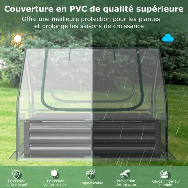 Mini Serre de Jardin et Lit de Jardin Surélevé 129 x 97 x 96 CM Housse Transparente 2 Fenêtres Enroulables avec Zip à 2 Niveaux Blanc