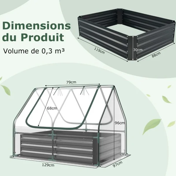 Mini Serre de Jardin et Lit de Jardin Surélevé 129 x 97 x 96 CM Housse Transparente 2 Fenêtres Enroulables avec Zip à 2 Niveaux Blanc
