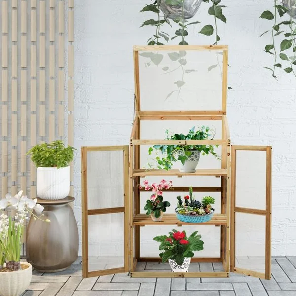Mini Serre de Jardin Etagères à 3 Niveaux pour Jardin Porche Capacité par Etagère 20 kg en Bois de Sapin 60x45x100cm
