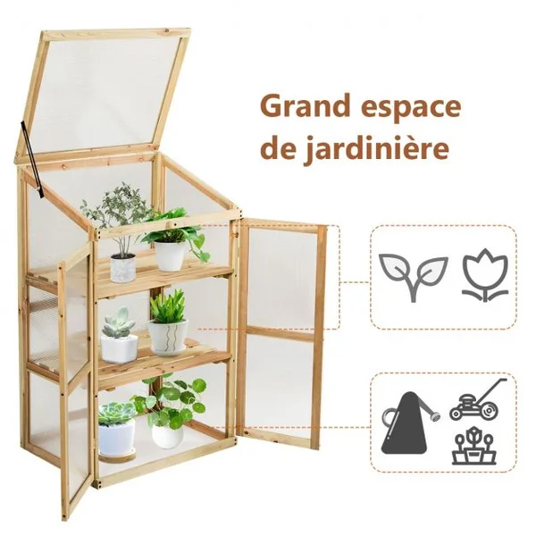 Mini Serre de Jardin Etagères à 3 Niveaux pour Jardin Porche Capacité par Etagère 20 kg en Bois de Sapin 60x45x100cm