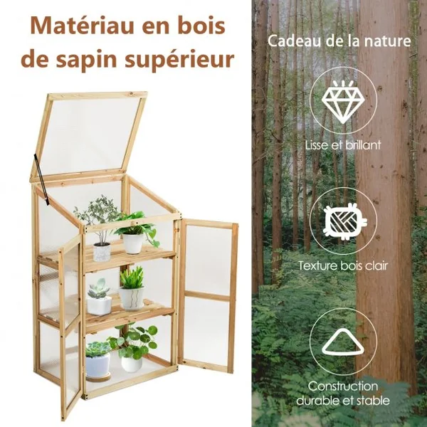 Mini Serre de Jardin Etagères à 3 Niveaux pour Jardin Porche Capacité par Etagère 20 kg en Bois de Sapin 60x45x100cm