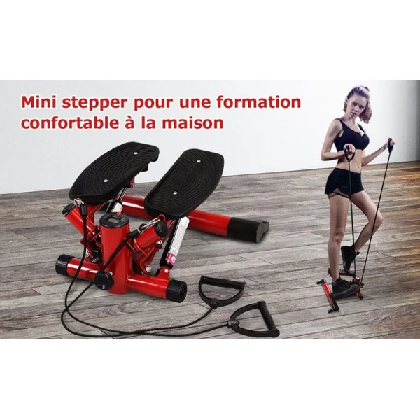 Mini stepper Stepper 2 en 1 Elliptique avec tapis et corde d’entraînement Ecran LED 120 Kg max peu encombrant Rouge