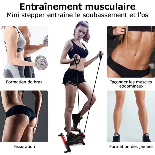 Mini stepper Stepper 2 en 1 Elliptique avec tapis et corde d’entraînement Ecran LED 120 Kg max peu encombrant Rouge