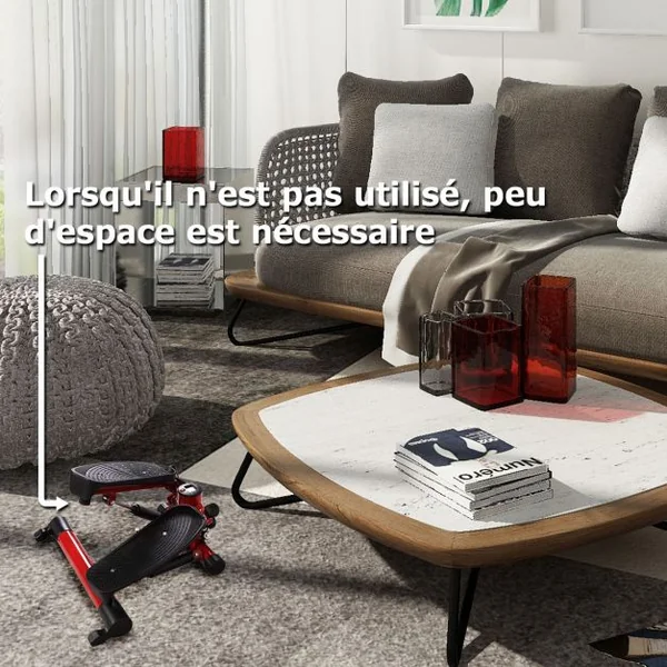 Mini stepper Stepper 2 en 1 Elliptique avec tapis et corde d’entraînement Ecran LED 120 Kg max peu encombrant Rouge