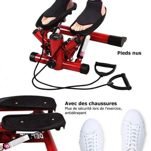 Mini stepper Stepper 2 en 1 Elliptique avec tapis et corde d’entraînement Ecran LED 120 Kg max peu encombrant Rouge