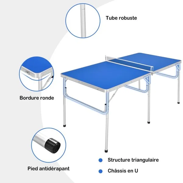 Mini table de Ping-pong pliable et portable avec 1 filet 2 Raquettes et 4 Balles 152,4x76,2x76,2cm Bleu