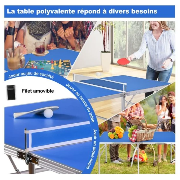 Mini table de Ping-pong pliable et portable avec 1 filet 2 Raquettes et 4 Balles 152,4x76,2x76,2cm Bleu