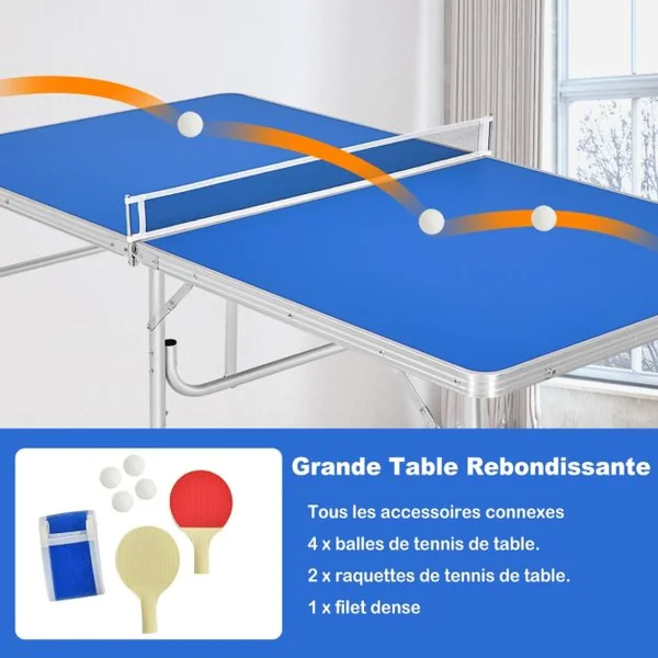 Mini table de Ping-pong pliable et portable avec 1 filet 2 Raquettes et 4 Balles 152,4x76,2x76,2cm Bleu