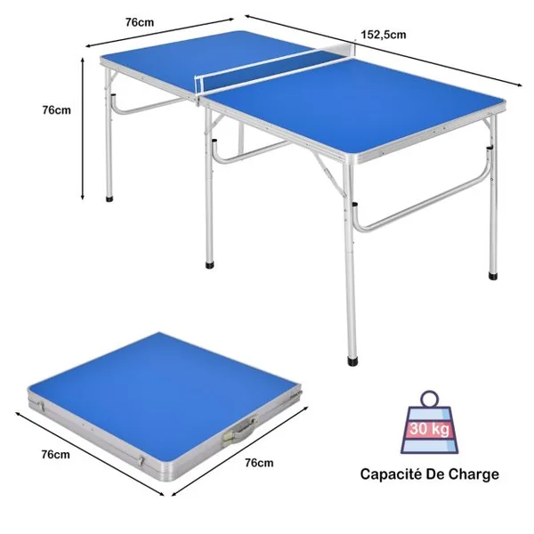 Mini table de Ping-pong pliable et portable avec 1 filet 2 Raquettes et 4 Balles 152,4x76,2x76,2cm Bleu