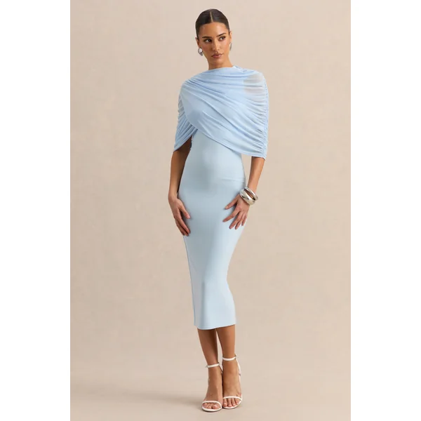 Mirana | Robe mi-longue bleu poudré à encolure haute