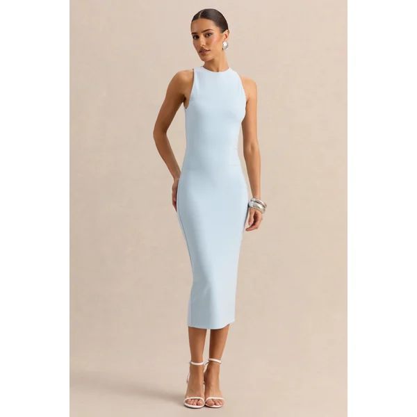 Mirana | Robe mi-longue bleu poudré à encolure haute