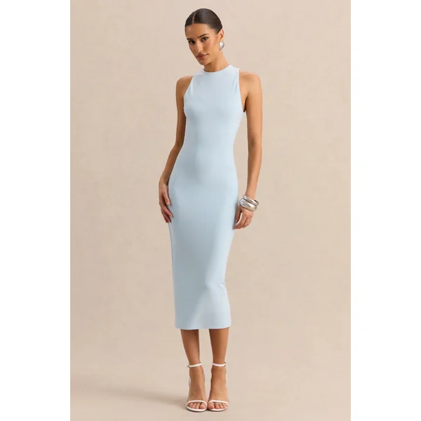 Mirana | Robe mi-longue bleu poudré à encolure haute