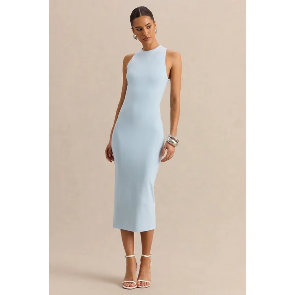 Mirana | Robe mi-longue bleu poudré à encolure haute
