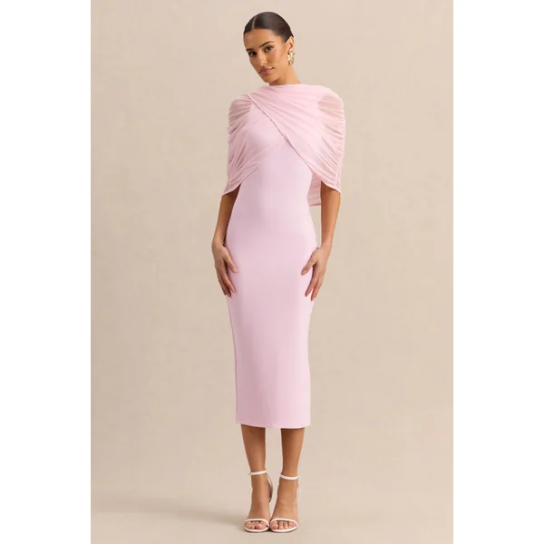 Mirana | Robe mi-longue rose clair à encolure haute