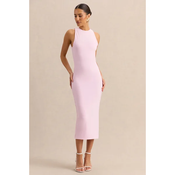 Mirana | Robe mi-longue rose clair à encolure haute