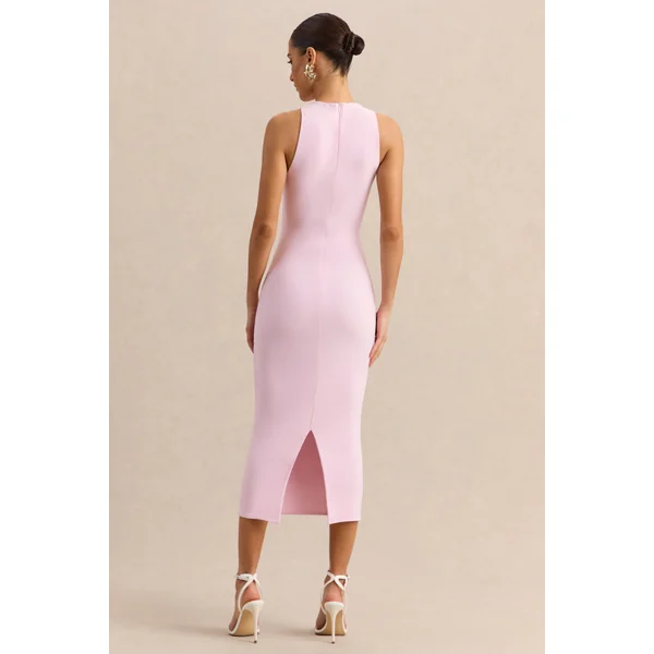 Mirana | Robe mi-longue rose clair à encolure haute