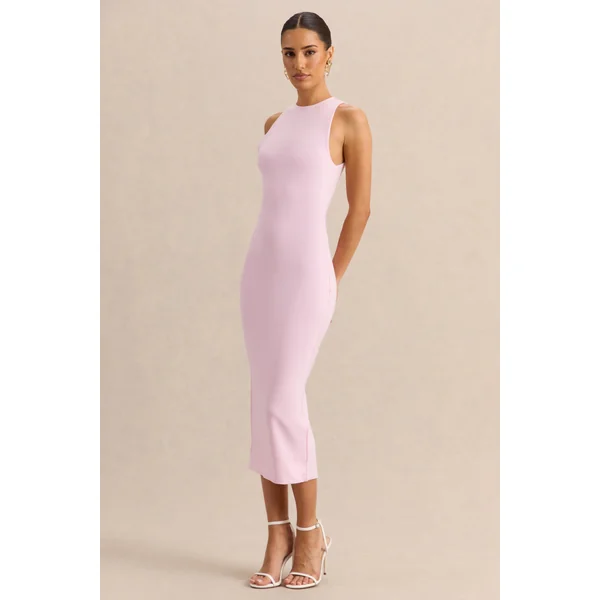 Mirana | Robe mi-longue rose clair à encolure haute