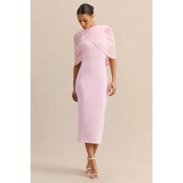 Mirana | Robe mi-longue rose clair à encolure haute