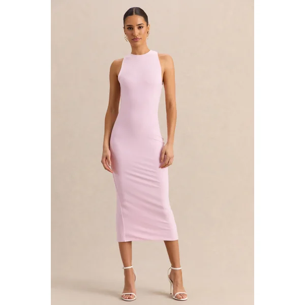 Mirana | Robe mi-longue rose clair à encolure haute