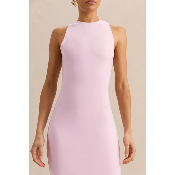 Mirana | Robe mi-longue rose clair à encolure haute
