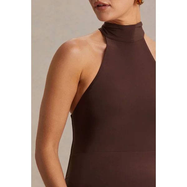 Mireille | Robe mi-longue de maternité marron à encolure américaine