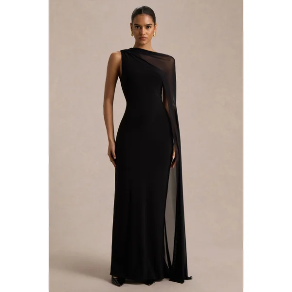 Mirelle | Robe longue noire à encolure asymétrique avec manche-cape transparente
