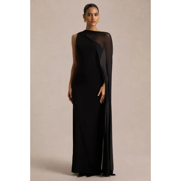 Mirelle | Robe longue noire à encolure asymétrique avec manche-cape transparente