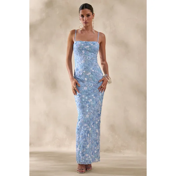Miren | Robe longue bandeau bleu clair en sequins avec foulard