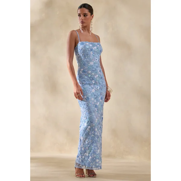 Miren | Robe longue bandeau bleu clair en sequins avec foulard