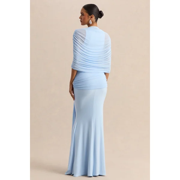Mirene | Robe longue bleu poudré à encolure ronde avec détails froncés et ceinture fluide