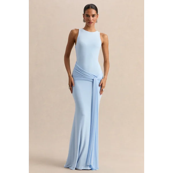 Mirene | Robe longue bleu poudré à encolure ronde avec détails froncés et ceinture fluide