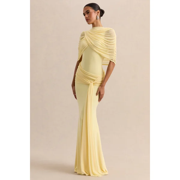 Mirene | Robe longue citron à encolure ronde avec détails froncés et ceinture fluide