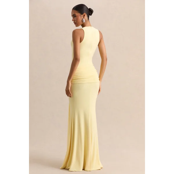 Mirene | Robe longue citron à encolure ronde avec détails froncés et ceinture fluide