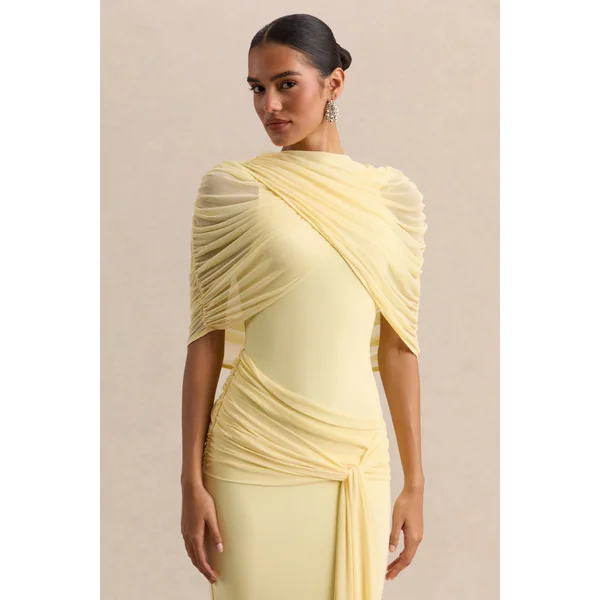 Mirene | Robe longue citron à encolure ronde avec détails froncés et ceinture fluide