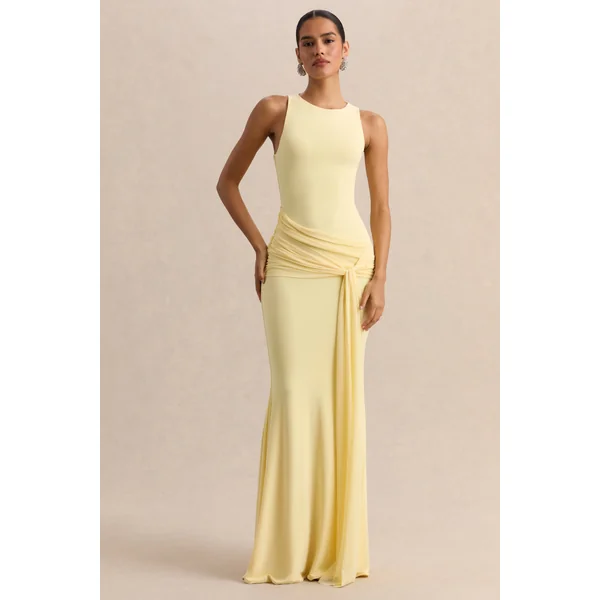 Mirene | Robe longue citron à encolure ronde avec détails froncés et ceinture fluide