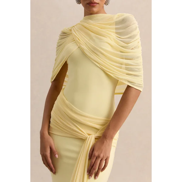 Mirene | Robe longue citron à encolure ronde avec détails froncés et ceinture fluide
