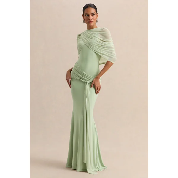 Mirene | Robe longue menthe à encolure ronde avec détails froncés et ceinture longue