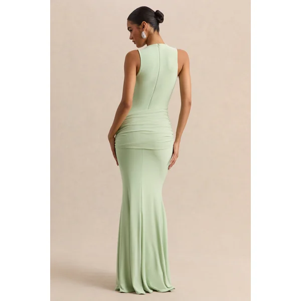 Mirene | Robe longue menthe à encolure ronde avec détails froncés et ceinture longue