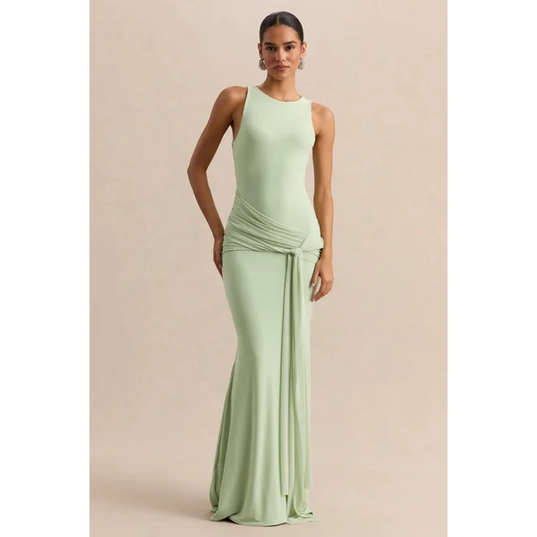 Mirene | Robe longue menthe à encolure ronde avec détails froncés et ceinture longue