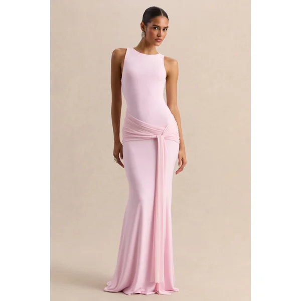 Mirene | Robe longue rose clair à encolure ronde avec détails froncés et ceinture fluide